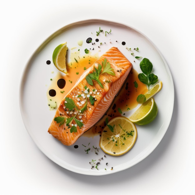 Salmon with lime and herbs on white plate Generative AI