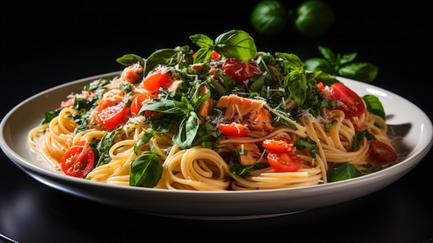 Salmon with pasta on tomato on a plate that is on the white table