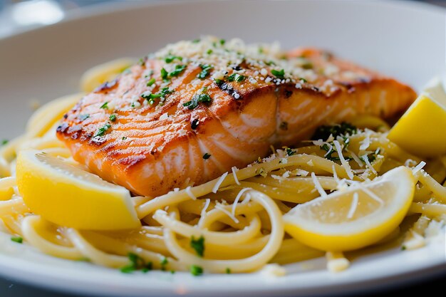 Salmon with Pasta Tossed with Parmesan and Lemon