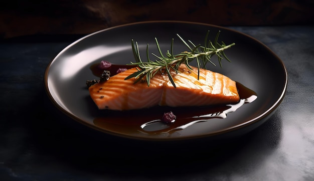 Salmon with rosemary on a dish Generative AI