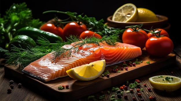 salmon with vegetables on the wood table