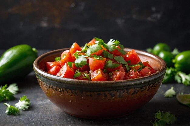 Photo salsa bowl with diced tomatoes cilantro and a burst of jalapeao