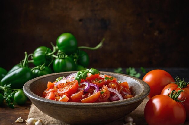 Photo salsa bowl with ripe tomatoes onions and a burst of garlic