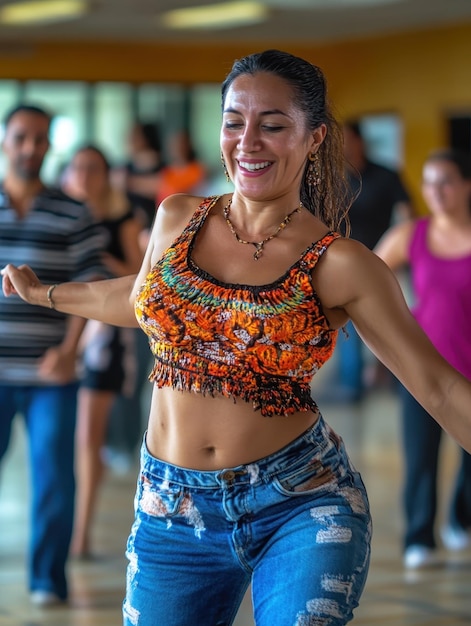 Photo salsa dancing class team learning lively steps and moves together