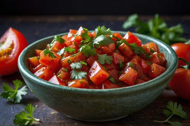 Salsa with diced tomatoes cilantro and a hint of lime zest