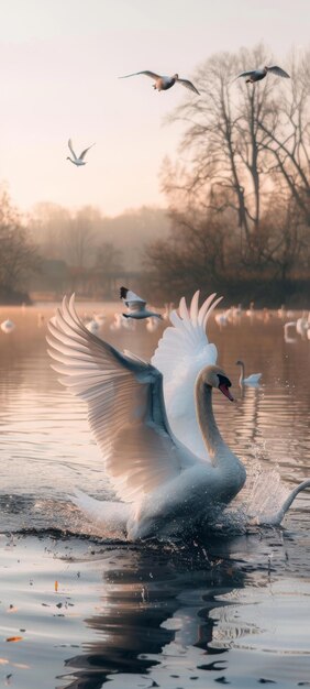 Photo a salsaswinging swan gracefully dancing by a lake its movements elegant and fluid captivating a flock of impressed birds