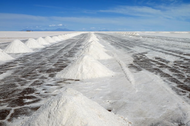 Salt Extraction Area on Salar de Uyuni, the World's Largest Salt Flats in Bolivia