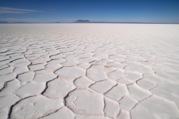 The salt flat is a salt flat with a mountain in the background.