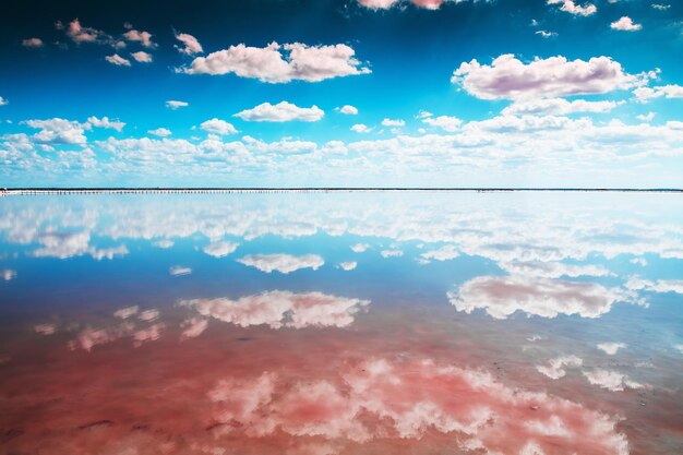 Photo salt lake with pink salt and the blue sky with clouds. sasyk-sivash pink salt lake in crimea. summer landscape