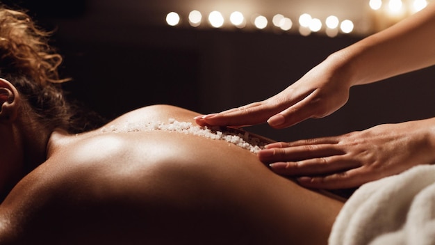 Salt scrub massage. Woman relaxing in health spa, closeup