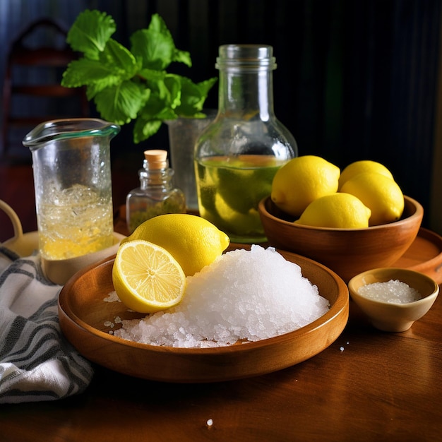 Salt with lemons on a wooden table