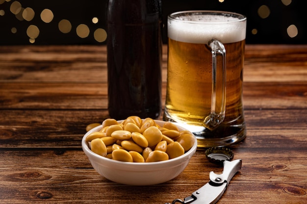 Salted Lupin Beans with beer on bar table