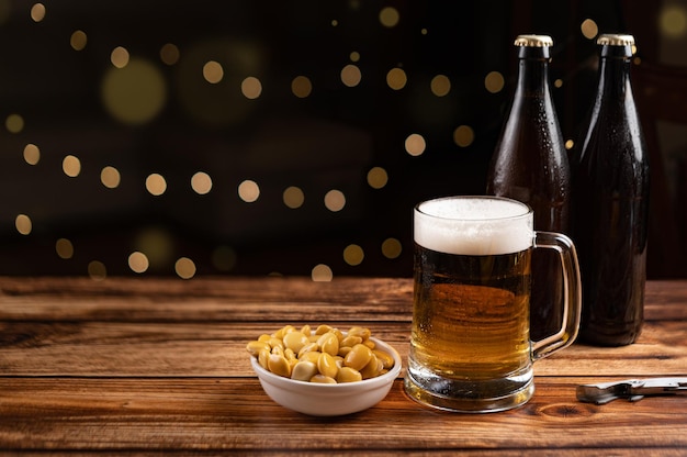 Salted Lupin Beans with beer on table with copy space