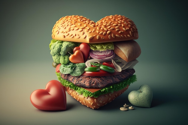 Salted meat heart shaped burger with soft bun and stack of vegetables