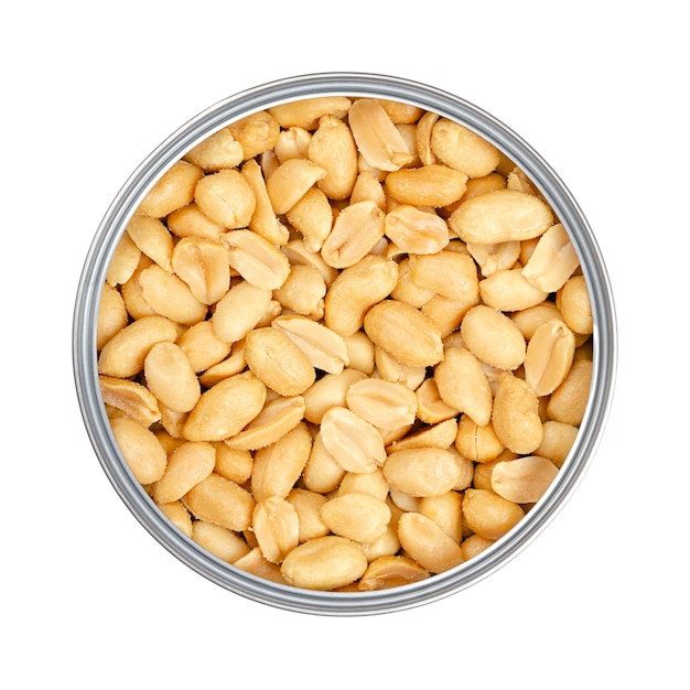 Salted roasted peanuts in opened can from above