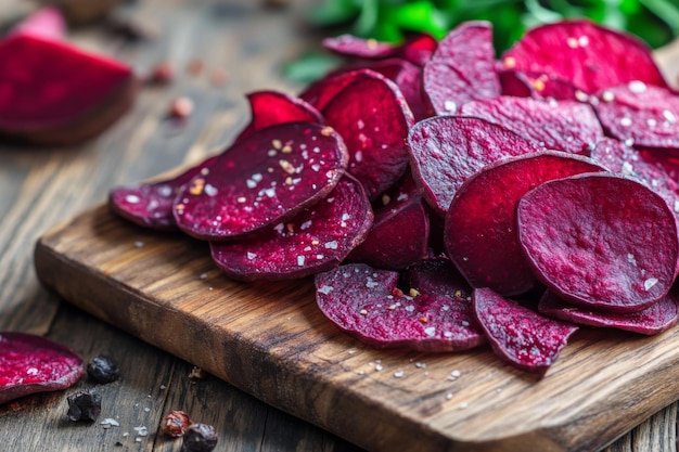 Salted and Spiced Beetroot Chips on a Wooden Cutting Board