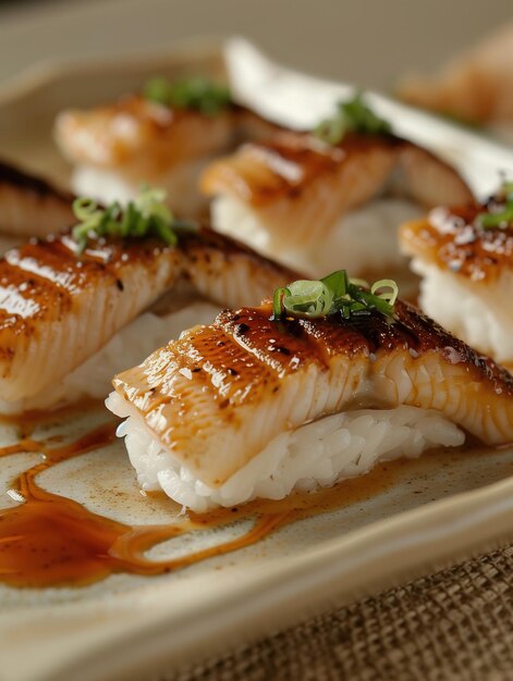 Photo saltwater eel anago nigiri sushi served with rich glaze in a fine dining setting