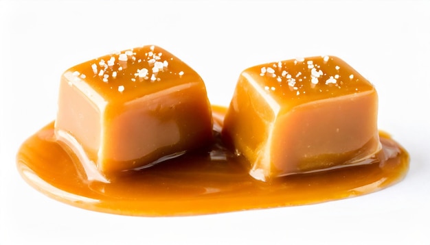 Salty caramel candies in milk caramel sauce with salt crystals isolated on white background