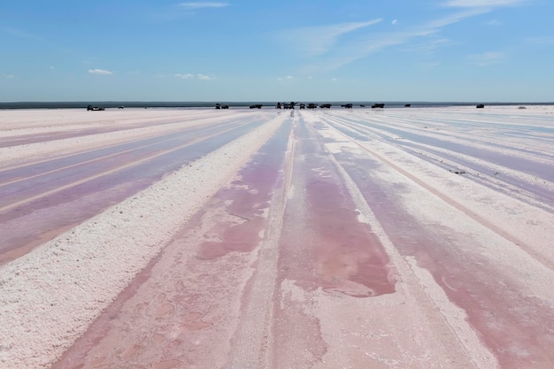 Photo salty lagoon prepared to extract raw salt mining industry in argentina