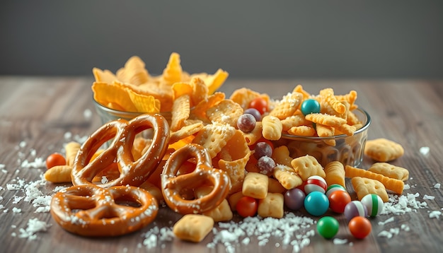 Photo salty snacks pretzels chips crackers and candy sweets on table isolated with white highlights