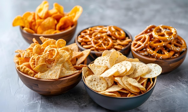 Photo salty snacks such as pretzels chips and crackers