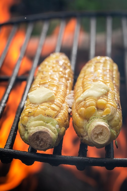 Salty and sweet corncob on grill with salt and butter