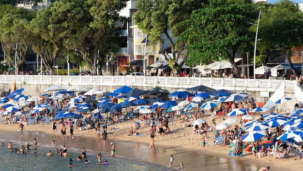 Salvador Bahia Brazil August 25 2023 View of Porto da Barra beach full of people City of Salvador Bahia