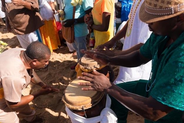 Salvador Bahia Brazil February 02 2023 Candomble members are seen paying homage to Yemanja during the Rio Vermelho beach party in Salvador Bahia