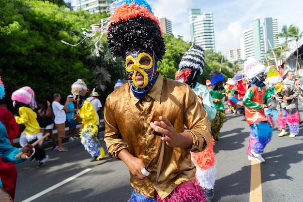 Salvador Bahia Brazil February 11 2023 Traditional group Zabiaponga performs during the preCarnival Fuzue parade in the city of Salvador