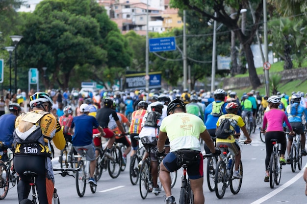 Salvador Bahia Brazil January 04 2015 View of hundreds of cyclists taking a tour through the streets of the city of Salvador Bahia