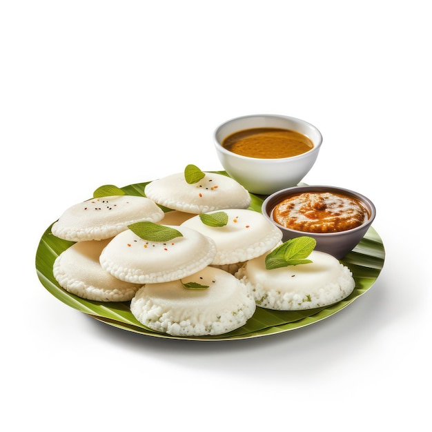 Photo sambar and idli on autentic plate simple isolated white background