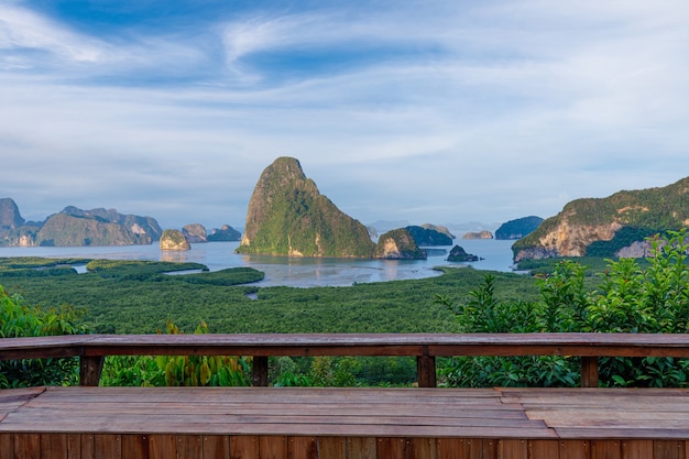 Samet Nangshe viewpoint mountain landscape Phang Nga bay Phuket Thailand with wooden bench