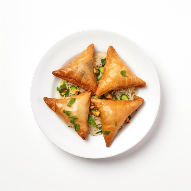 Samosa Pakistani Dish On Plate On White Background Directly Above View