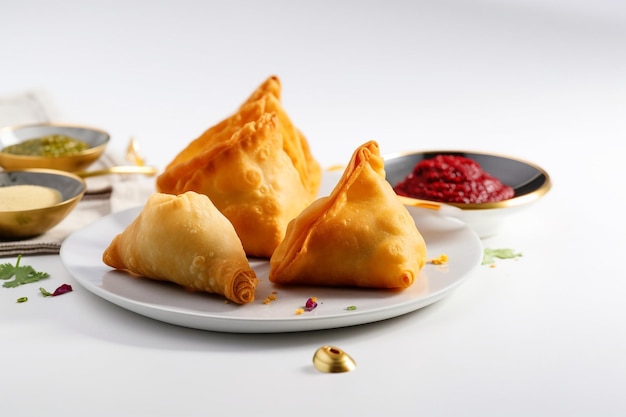 Samosas are served on a plate with a side of raspberry jam.