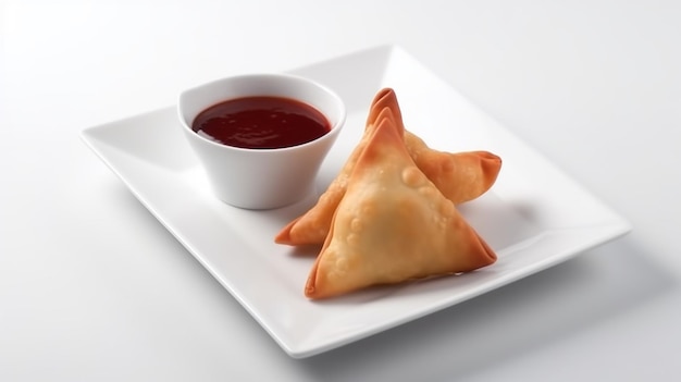 Samosas are served with a side of ketchup.