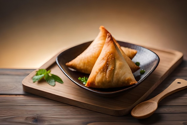 Samosas on a plate with a wooden spoon