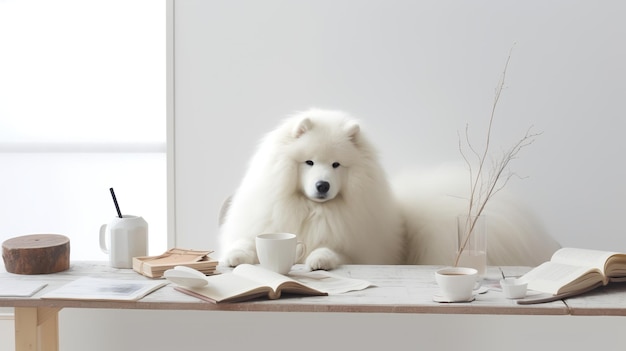 Samoyed in a clothes sitting in the study with cups and stacks of books