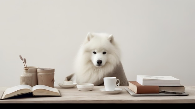 Samoyed in a clothes sitting in the study with cups and stacks of books