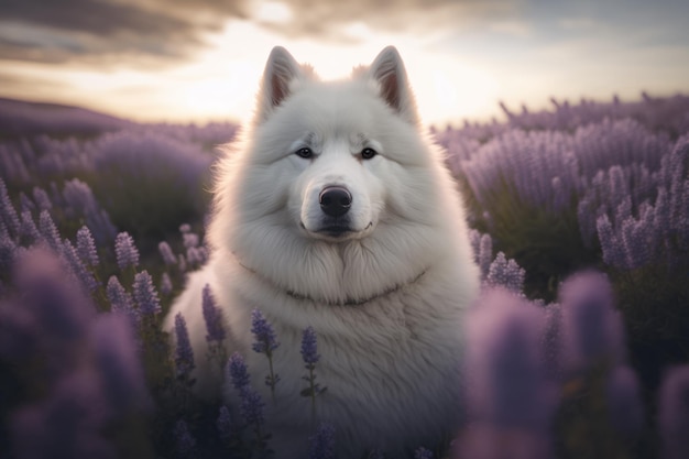 Samoyed dog sits on purple lavender field Beautiful white dog portrait