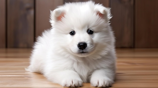 Samoyed puppy laying on the floor in front of a wooden cabinet.