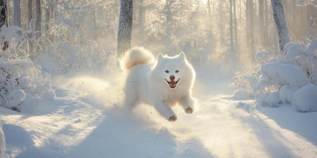 Photo samoyed running in snowy forest