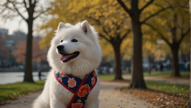 Samoyed Wearing Kimono Costume on Park