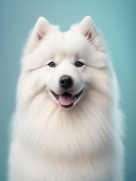 Samoyed white dog sitting looking at camera with open mouth on blue background Generative AI