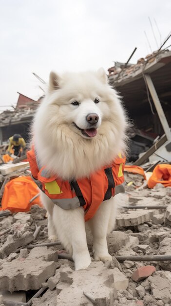 Samoyeds are being trained by rescue teams to help clean up rubble