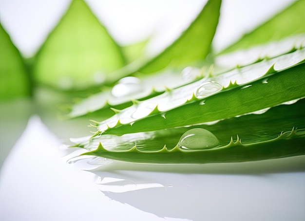 a sample of a green aloe vera leaf in the style of selective focus