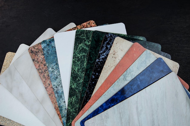 A sample of laminated chipboard and countertops A color guide showing a range of shades for use in interior design and decor for designers