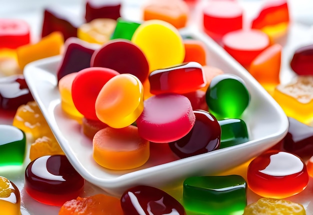 Photo samples of assorted gummy sweets on white trayourmet candies