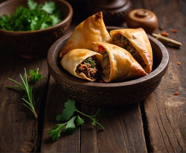 samsa with meat on a wooden background