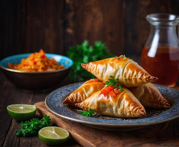 samsa with meat on a wooden background