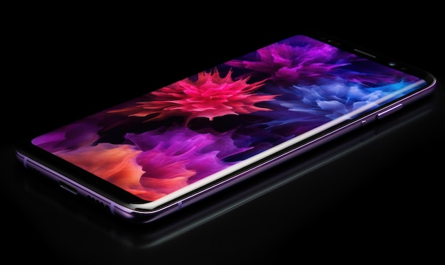 A samsung phone with a purple and orange flower on the front.